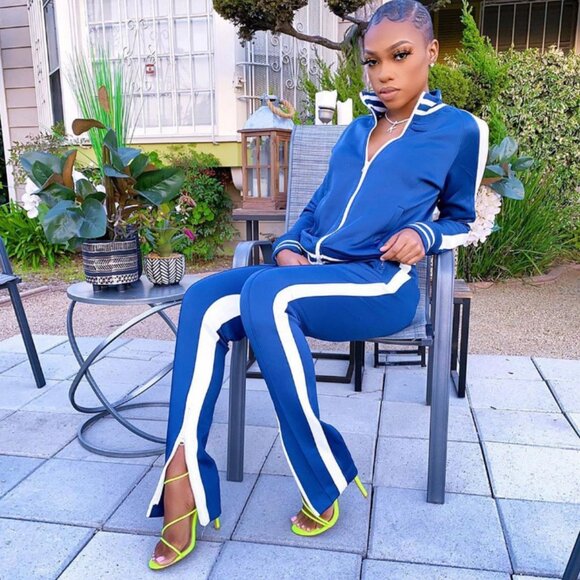 Women's Stylish Activewear Tracksuit Striped Royal Blue/White Stripe Pants Set - Picture 6 of 6